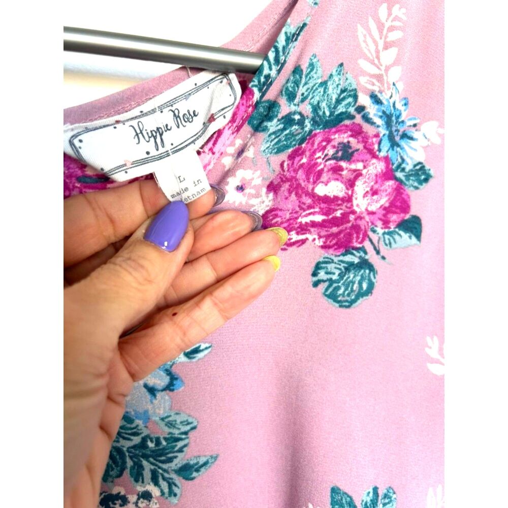 HIPPIE ROSE Junior’s Back-Zip Cuff-Sleeved Top, Purple Floral Size L - Picture 3 of 6